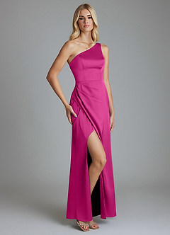 Azazie Adhara Final Sale Fuchsia Sheath One Shoulder Stretch Satin Dress image9