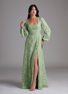 Azazie Leonia Brautjungfernkleider A-Linie Langarm Blumen-Burnout Kleid Staubiger Salbeigrün image4