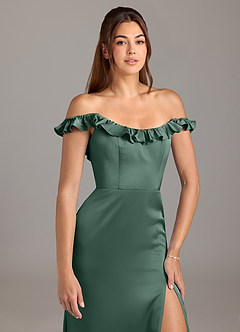 Azazie Callie Abiti da Damigella Abito Convertibile A-Line in Raso Elasticizzato Increspato Eucalipto image8