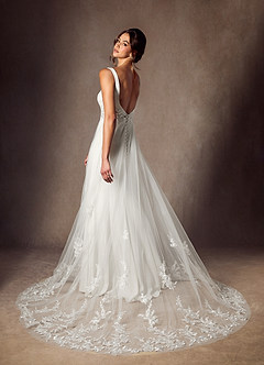 Azazie Ebony Wedding Dresses Diamond White A-Line Sequins Crepe Back Satin Dress image2