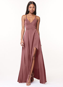 Azazie Maksim Bridesmaid Dresses Amethyst A-Line V-Neck Stretch Satin Dress image1