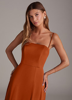 Azazie Wren Brautjungfernkleider Wandelbar A-Linie Schulterfrei Stretch-Satin Kleid Gebranntes Orange image2