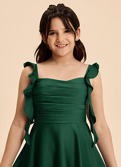 Azazie Kira Junior Vestido Verde Oscuro de Satén Elástico de Corte en A con Drapeado image8