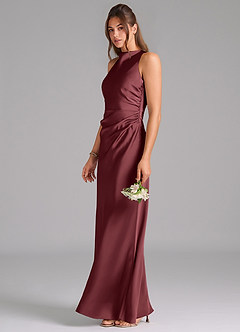 Azazie Evadne Vestidos de damas de honor Vestido de Merlot de Satén Elástico de Corte en A con Plisado image1