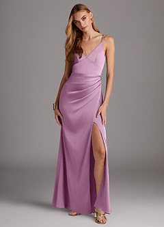 Azazie Shania Bridesmaid Dresses Wisteria Sheath V-Neck Pleated Stretch Satin Dress image1