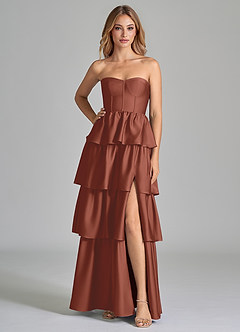 Azazie Faye Bridesmaid Dresses Auburn A-Line Ruched Stretch Satin Dress image3
