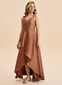 Azazie Eirlys Junior Robe Trapèze en Satin extensible Plissé Bronze image5
