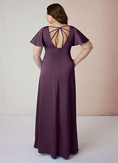 Azazie Lani Bridesmaid Dresses Plum A-Line Flounce Sleeve Stretch Satin Dress image8