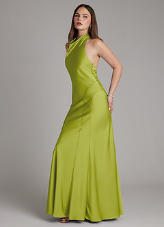 Azazie Sahara Final Sale Agave A-Line Pleated Stretch Satin Dress image3