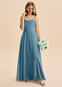 Azazie Bear Junior A-linja Pliseerattu Sifonki Lattian pituus Nuorempi morsiusneito Pukeutua image3