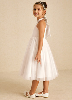 Azazie Dora Blumenmädchenkleider A-Linie Schleifen Tüll Kleid Alabaster Weiß image4