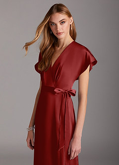 Azazie Nico Bridesmaid Dresses Pomegranate A-Line V-Neck Stretch Satin Dress image6