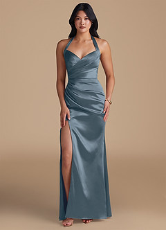 Azazie Emeria Robes de demoiselle d'honneur Robe Fourreau en Satiné métallisé Fente Latérale Violet Crépusculaire image1