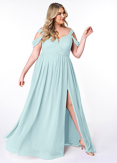 Azazie Lianne Bridesmaid Dresses Sea Glass A-Line Off the Shoulder Chiffon Dress image10