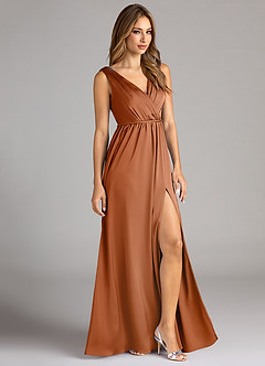 Azazie Tanicia Bridesmaid Dresses Copper A-Line Pleated Stretch Satin Dress image4