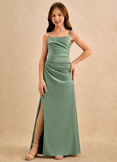 Azazie Cannoli Girls Formal Blomsterpigekjoler A-Line Plisseret Stræk satin Gulv-længde Kjole image3