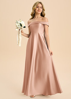 Azazie Sissy Junior Abito A-Line in Raso Elasticizzato a Spalla Scoperta Oro Rosa image3