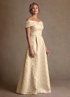 Azazie Harriett Mother of the Bride Dresses Champagne A-Line Off the Shoulder Floral Jacquard Dress image2