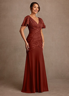 Azazie Jolene vestidos de madre de la novia Vestido de Terracota de Devorado Floral de Corte Sirena con Plisado image3