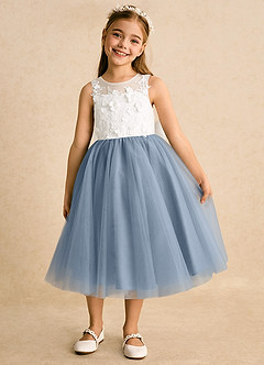 Azazie Lina Flower Girl Dresses Ivory Dusty Blue Ball-Gown Lace Dress image5