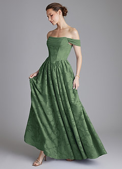 Azazie Raisa Bridesmaid Dresses Eucalyptus A-Line Off the Shoulder Floral Burnout Dress image7