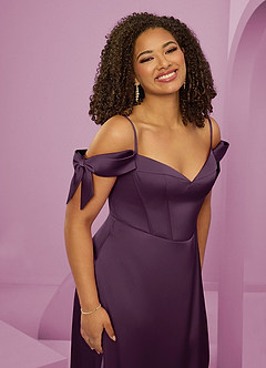Barbie ♥ Azazie Bridesmaid Dresses Plum A-Line Off the Shoulder Stretch Satin Dress image7