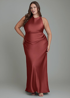 Azazie Evadne Bridesmaid Dresses Terracotta Sheath Pleated Stretch Satin Dress image7