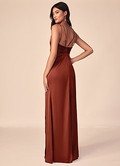 Azazie Aqua Robes de demoiselle d'honneur Robe Trapèze en Satin extensible Col V plissé Terracotta image5