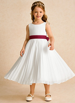 Azazie Margot Flower Girl Dresses Ivory Burgundy A-Line Pleated Chiffon Dress image4