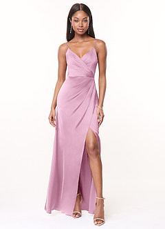 Azazie Maci Bridesmaid Dresses Candy Pink A-Line V-Neck Pleated Stretch Satin Dress image1