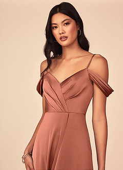 Azazie Ocean Bridesmaid Dresses Clay A-Line V-Neck Pleated Stretch Satin Dress image2