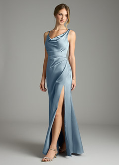 Azazie Samara Robes de demoiselle d'honneur Robe Sirène en Satin extensible Plissée Bleu Poussiéreux image3