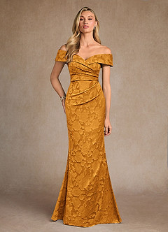 Azazie Canton Mother of the Bride Dresses Butterscotch Mermaid Off the Shoulder Floral Burnout Dress image1