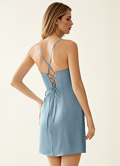Mireille Powder Blue Satin Lace Up Back Mini Dress image2