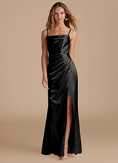Azazie Marzia Bridesmaid Dresses Black Mermaid Pleated Metallic Satin Dress image4