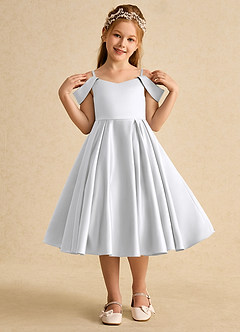 Azazie Favia Flower Girl Dresses White A-Line Off the Shoulder Matte Satin Dress image4