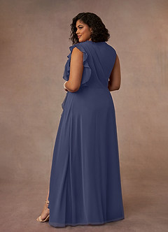 Azazie Narine Mère de la mariée Robes Robe Trapèze en Mousseline de soie Encolure haute plissée Bleu Orageux image17