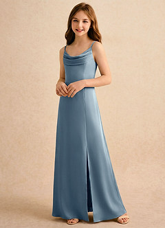 Azazie Shira Girls Formal Flower Girl Dresses Dusty Blue A-Line Pleated Stretch Satin Dress image3