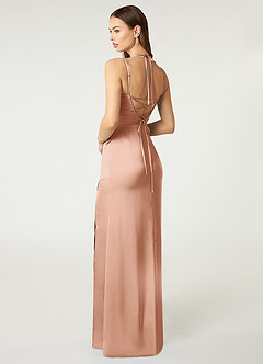 Azazie Desi Bridesmaid Dresses Rose Gold Sheath Halter Corset Stretch Satin Dress image5