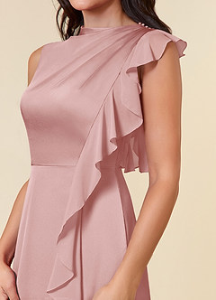 Azazie Narine Mother of the Bride Dresses Powder Pink A-Line High Neckline Pleated Stretch Satin Dress image4