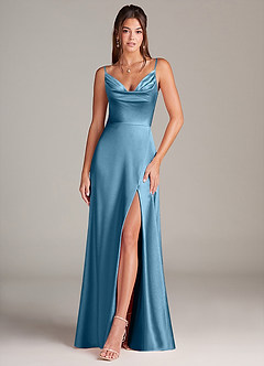 Azazie Sarella Bridesmaid Dresses Steel Blue A-Line with Pockets Metallic Satin Dress image1