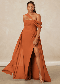 Christian Siriano Bridal for Azazie 1014 Bridesmaid Dresses Cinnamon A-Line Off the Shoulder Chiffon Dress image9