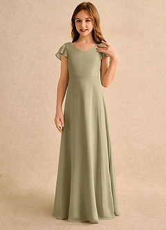 Azazie Nari Girls Formal Flower Girl Dresses Moss Green A-Line with Sleeves Chiffon Dress image5