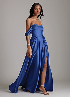 Azazie Loisa Bridesmaid Dresses Royal Blue A-Line Off the Shoulder Stretch Satin Dress image6