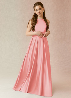 Azazie Arianthe Junior Coral A-Line with Pockets Matte Satin Dress image1