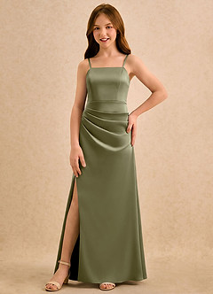 Azazie Cannoli Girls Formal Flower Girl Dresses Pistachio A-Line Pleated Stretch Satin Dress image5