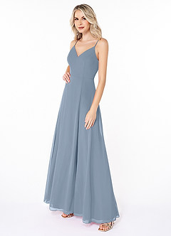 Azazie Lena Bridesmaid Dresses Dusty Blue A-Line Lace Chiffon Dress image3