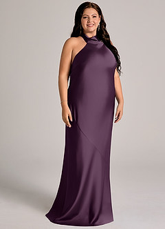 Azazie Velli Bridesmaid Dresses Plum Mermaid High Neck Stretch Satin Dress image11