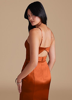 Azazie Shania Bridesmaid Dresses Burnt Orange Sheath Pleated Metallic Satin Dress image4