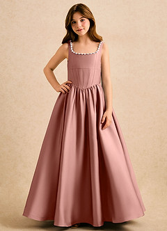 Azazie Enid Girls Formal Blomsterpigekjoler A-Line Perlebesat Stræk satin Gulv-længde Kjole image4
